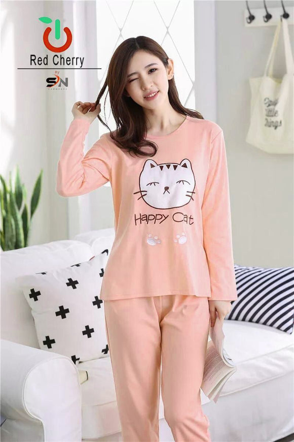Ladies Sleeping Happy Cat Printed Night Suit Pink 4314