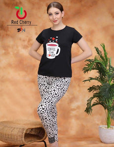 Ladies Sleeping Wear Coffee Printed Night Suit Pink