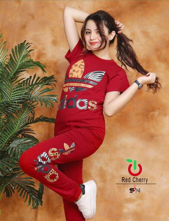 Red Printed Night Suit For Women