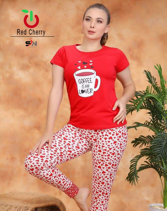 2Pcs Night Suit For Women T-Shirt Red + Trouser