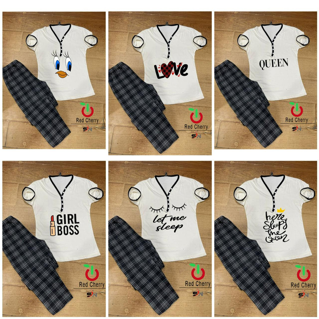 White Color With Black Stripes Pajama Printed Night Suit For Women 4314