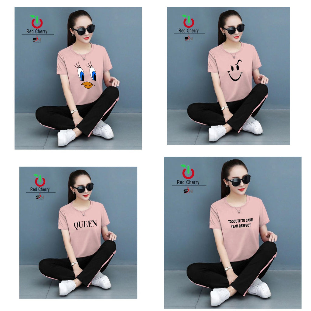 Ladies Sleeping Wear Printed Night Suit Pink & OffWhite 4314