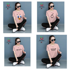 Ladies Sleeping Wear Printed Night Suit Pink & OffWhite 4314