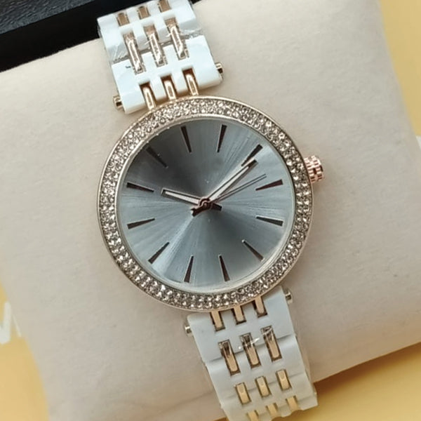 Women Rounded Diamonds Dial Watch White Dial And White & Golden Strip Chain 71631