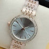 Women Rounded Diamonds Dial Watch White Dial And Offwhite & Golden Strip Chain 71631