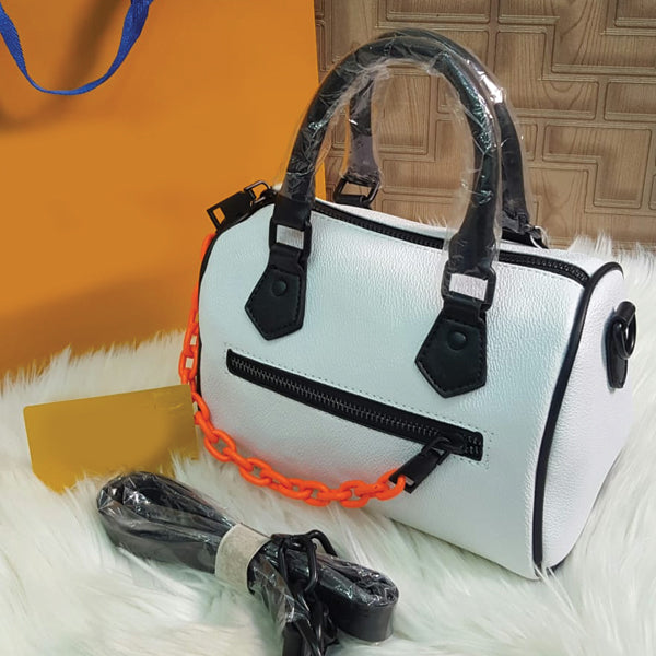 Cross Body Dhol Style Bag With Half Belt Half Chain Plain Design White 9299