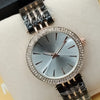 Women Rounded Diamonds Dial Watch White Dial And Black & Golden Strip Chain 71631