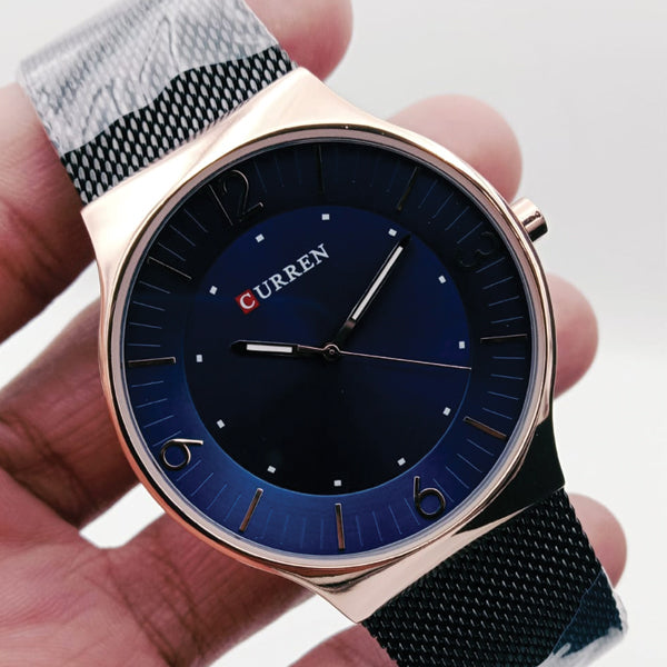 Curren Stainless Steel Back Mash Black Color Chain Tose Gold In Blue Watch For Men's 61235