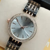 Women Rounded Diamonds Dial Watch White Dial And Black & Golden Strip Chain 71631