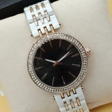 Women Rounded Diamonds Dial Watch Black Dial And White & Golden Strip Chain 71631