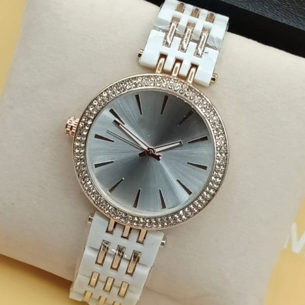 Women Rounded Diamonds Dial Watch White Dial And White & Golden Strip Chain 71631