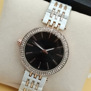 Women Rounded Diamonds Dial Watch Black Dial And White & Golden Strip Chain 71631