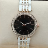 Women Rounded Diamonds Dial Watch Black Dial And White & Golden Strip Chain 71631