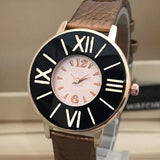 Simple Roman Wrist Watch For Womens Golden & Black Dial With Brown Belt | 24hours.pk