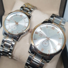 New Stylish Couple Watches Second With Date Ladies And Gents Pair Silver Light Golden  97996 | 24hours.pk