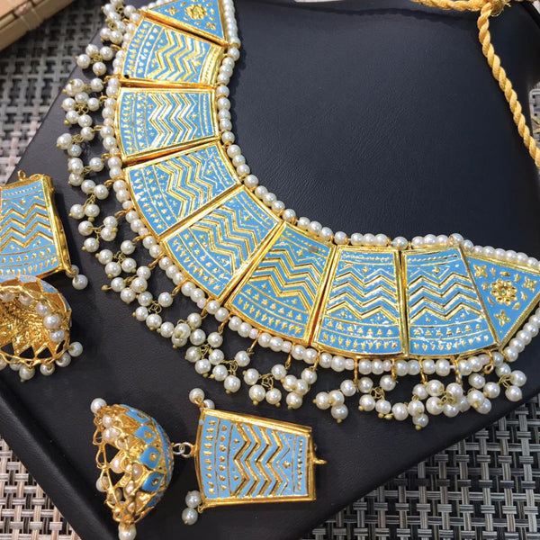 Beautiful Vintage Pearls Golden Necklace With Earrings Set For Womens Sky Blue 70807