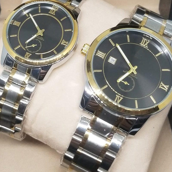 New Stylish Couple Watches Second With Date Ladies And Gents Pair Black Dial With Silver & Golden Chain 97996 | 24hours.pk