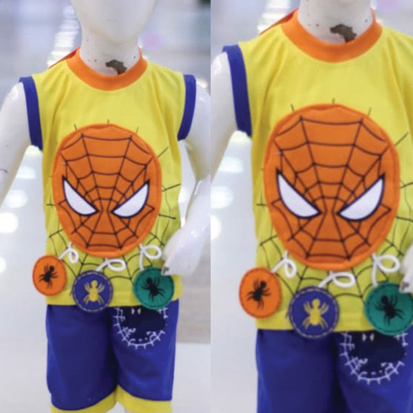 Spider Man Face Printed Malai Jersey Stuff Baba Suit Yellow & Blue
