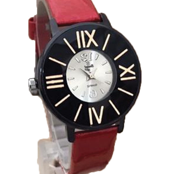 Simple Roman Wrist Watch For Womens Black & Golden Dial With Red Belt | 24hours.pk