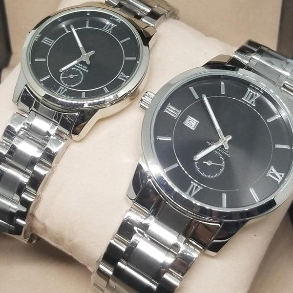 New Stylish Couple Watches Second With Date Ladies And Gents Pair Silver & Black 97996 | Abdul Basit Janjee