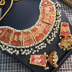 Beautiful Vintage Pearls Golden Necklace With Earrings Set For Womens Red 7080