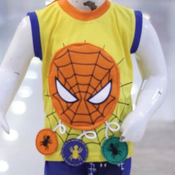 Spider Man Face Printed Malai Jersey Stuff Baba Suit Yellow & Blue