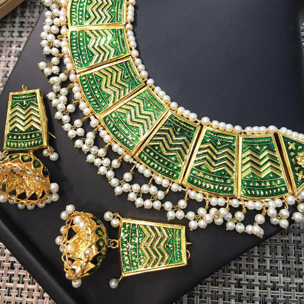 Beautiful Vintage Pearls Golden Necklace With Earrings Set For Womens Green 70807