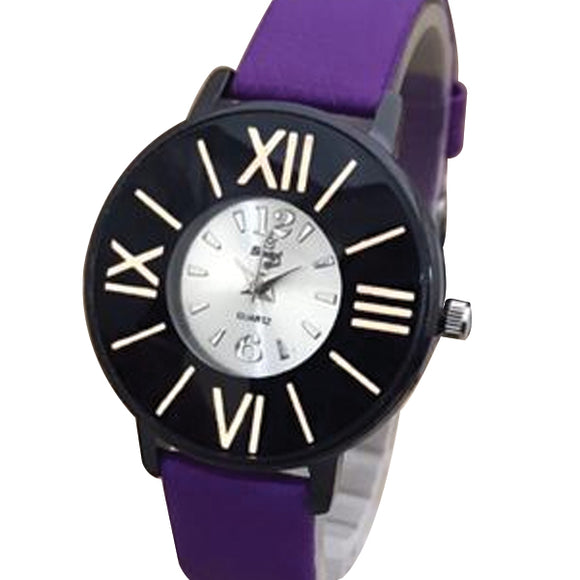 Simple Roman Wrist Watch For Womens Black & Golden Dial With Purple Belt | 24hours.pk