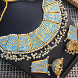 Beautiful Vintage Pearls Golden Necklace With Earrings Set For Womens Sky Blue 70807