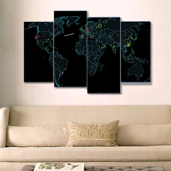 Technical  Blue Map with Black Background Image 4pcs Wall Frame | 24hours.pk