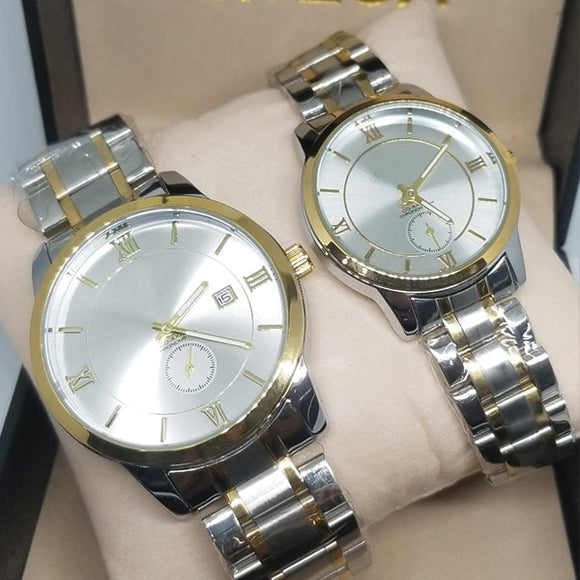 New Stylish Couple Watches Second With Date Ladies And Gents Pair Silver & Golden 97996 | Abdul Basit Janjee