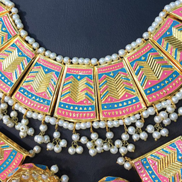 Beautiful Vintage Pearls Golden Necklace With Earrings Set For Womens Pink & Blue 7080