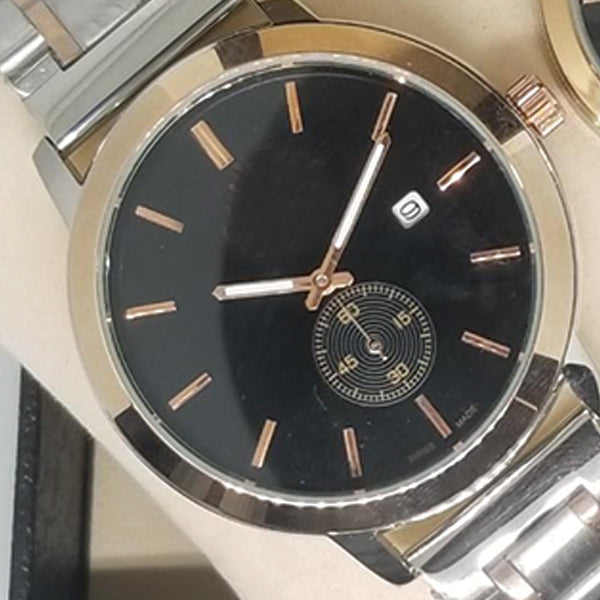 Simple Couple Watches Second With Date Ladies And Gents Pair Black Dial Silver & Light Golden 97996 | Abdul Basit Janjee
