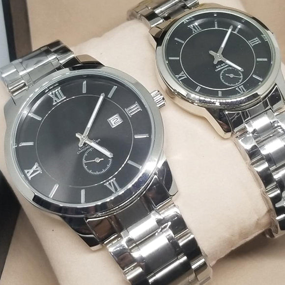 New Stylish Couple Watches Second With Date Ladies And Gents Pair Silver & Black 97996 | Abdul Basit Janjee