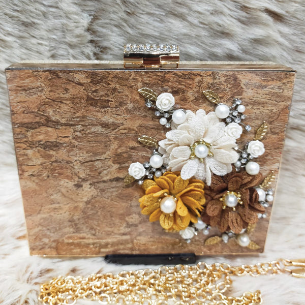 Bridal Fancy Multicolors Flowers Design Clutch For Women Brown 5815