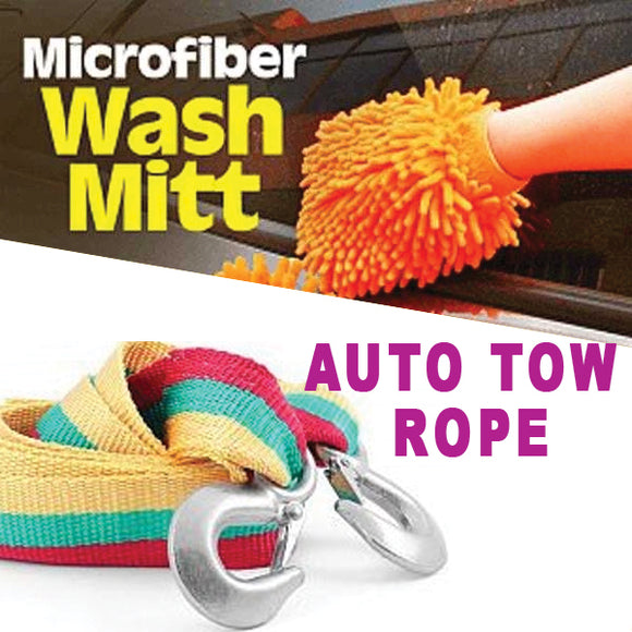 Pack of 2 Microfiber Car Wash Washing Cleaning Glove And King Tools Auto Tow Rope  Multi-Colour | 24HOURS.PK