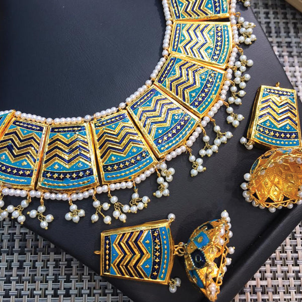 Beautiful Vintage Pearls Golden Necklace With Earrings Set For Womens Sky & Dark Blue 70807