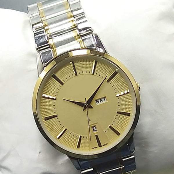 Latest Luxury Wrist Watch With Day & Date Function Silver & Golden Chain With Yellow Dial 56421 | Ammad