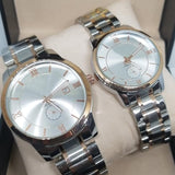 New Stylish Couple Watches Second With Date Ladies And Gents Pair Silver Light Golden  97996 | 24hours.pk