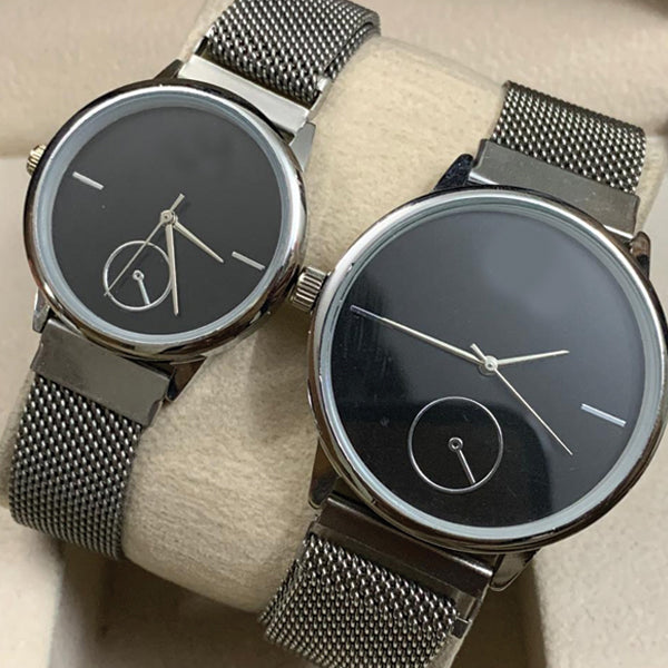 Magnetic Pair Watch Dummy Down Second Silver & Black For Mens & Womens Best Gift For Valentines Day 8973 | 24hours.pk