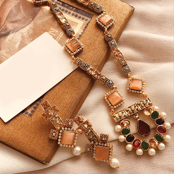 Stones & Pearls Necklace with Earrings For Women's In Random Colors