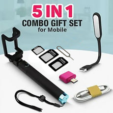 5-in-1 Combo Gift Set For Mobile  Micro USB Data Cable  Selfie Stick  USB Led Light   Nano SIM Adapter  Assorted Color | 24HOURS.PK