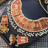 Beautiful Vintage Pearls Golden Necklace With Earrings Set For Womens Red 7080