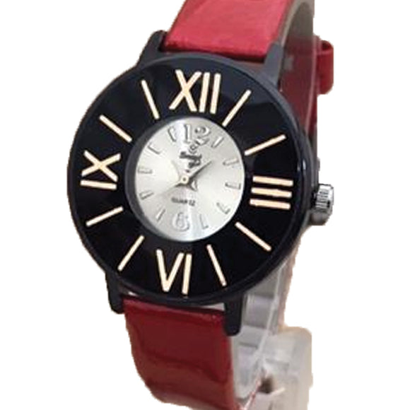 Simple Roman Wrist Watch For Womens Black & Golden Dial With Red Belt | 24hours.pk