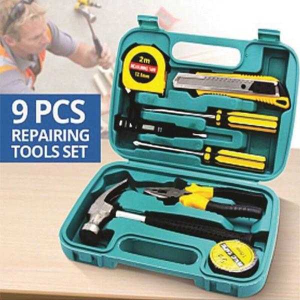 9Pcs Home Repairing Tool Set Kit Multi-functional Universal Precision Screwdriver Hammer Set Hardware Tool Kit Household Hand Tool Kit with Plastic Toolbox Storage Case (054) | 24HOURS.PK