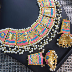 Beautiful Vintage Pearls Golden Necklace With Earrings Set For Womens Pink & Blue 7080