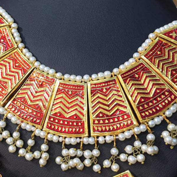 Beautiful Vintage Pearls Golden Necklace With Earrings Set For Womens Red 7080