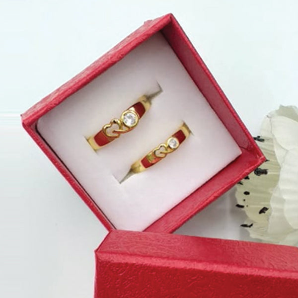 Pack of 2 Single Sided Heart With Rounded Diamond Design Ring With Heart Design Box For Her Gift or Engagement Golden 0864 | 24hours.pk