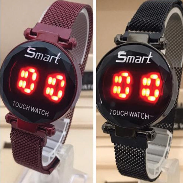 Round Red LED Watch Men Digital Watches with Touch Sensor Electronic Clock Wrist Stainless steel Watch