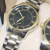 New Stylish Couple Watches Second With Date Ladies And Gents Pair Black Dial With Silver & Golden Chain 97996 | 24hours.pk